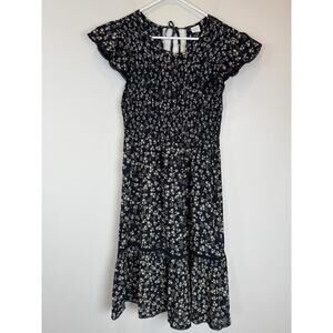 Patrons Of Peace Smocked Boho Dress Large Blue Floral Short Sleeve Maxi Flowy